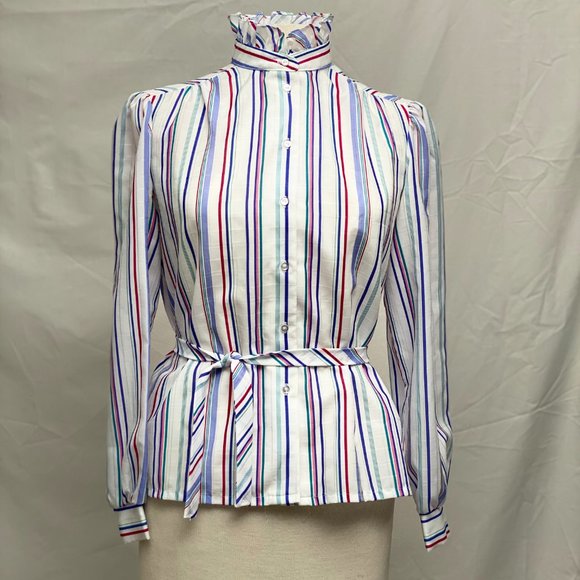 SOLD Vintage Ruffle Neck Collared Blouse - Picture 3 of 11